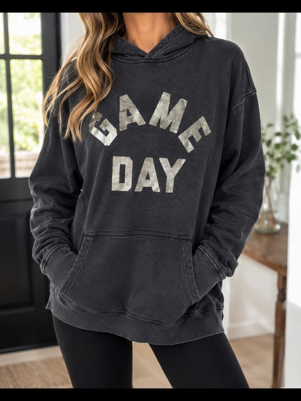 Game Day Oversized Hoodie Charcoal Black Silver Graphic Pullover Sweatshirt